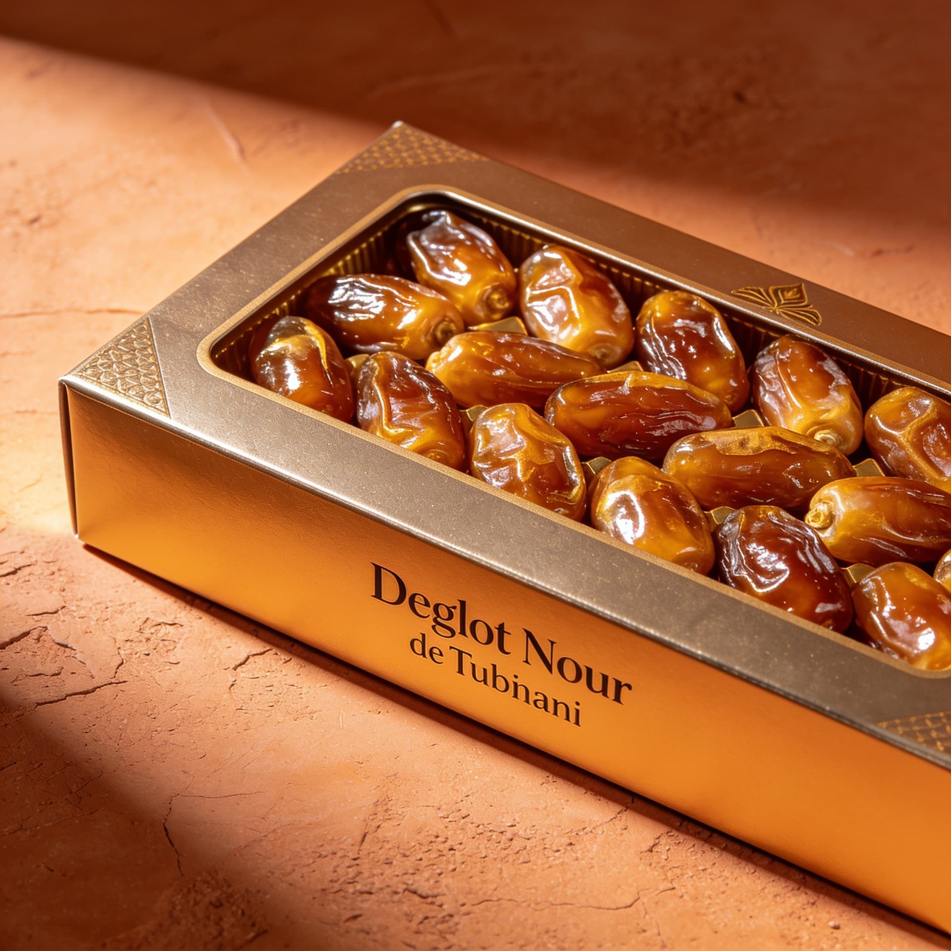 Coffret de dattes Deglet Nour, photo produit générée par Mana